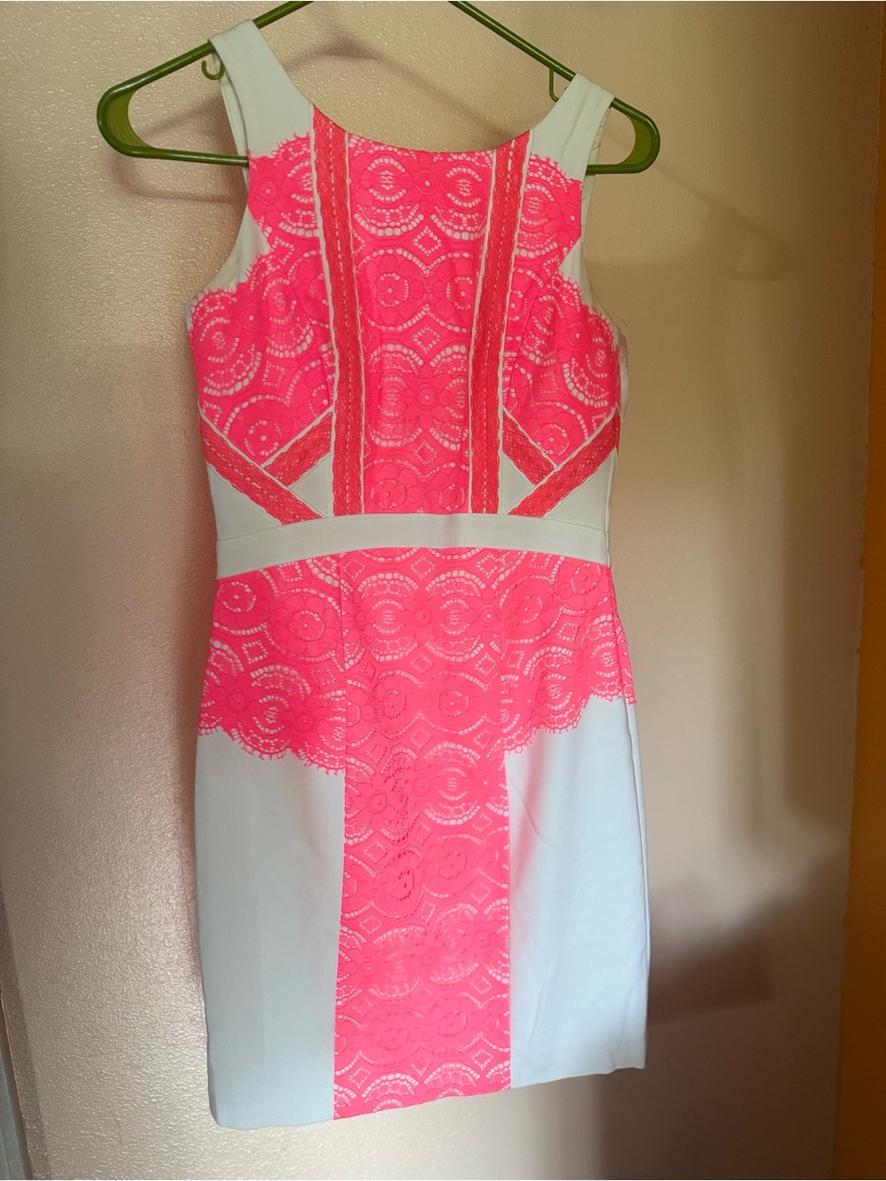 Gianni Bini Hot Pink and White Lace-Panel Midi Dress
